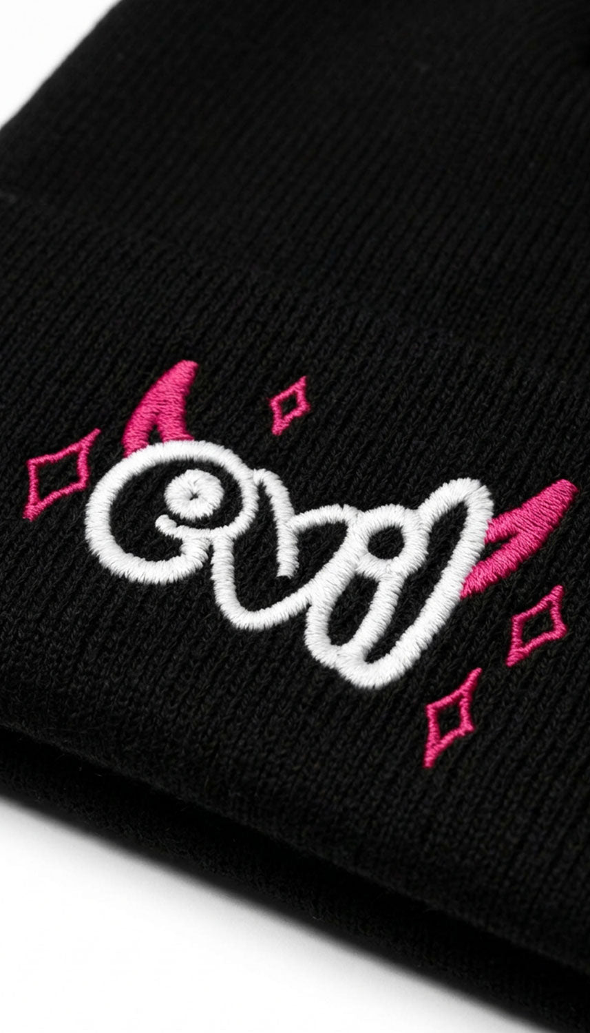 Yūjin Clothing Evil Beanie headwear featuring a dark, edgy design with a snug fit and bold style.