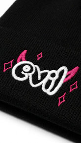 Yūjin Clothing Evil Beanie headwear featuring a dark, edgy design with a snug fit and bold style.