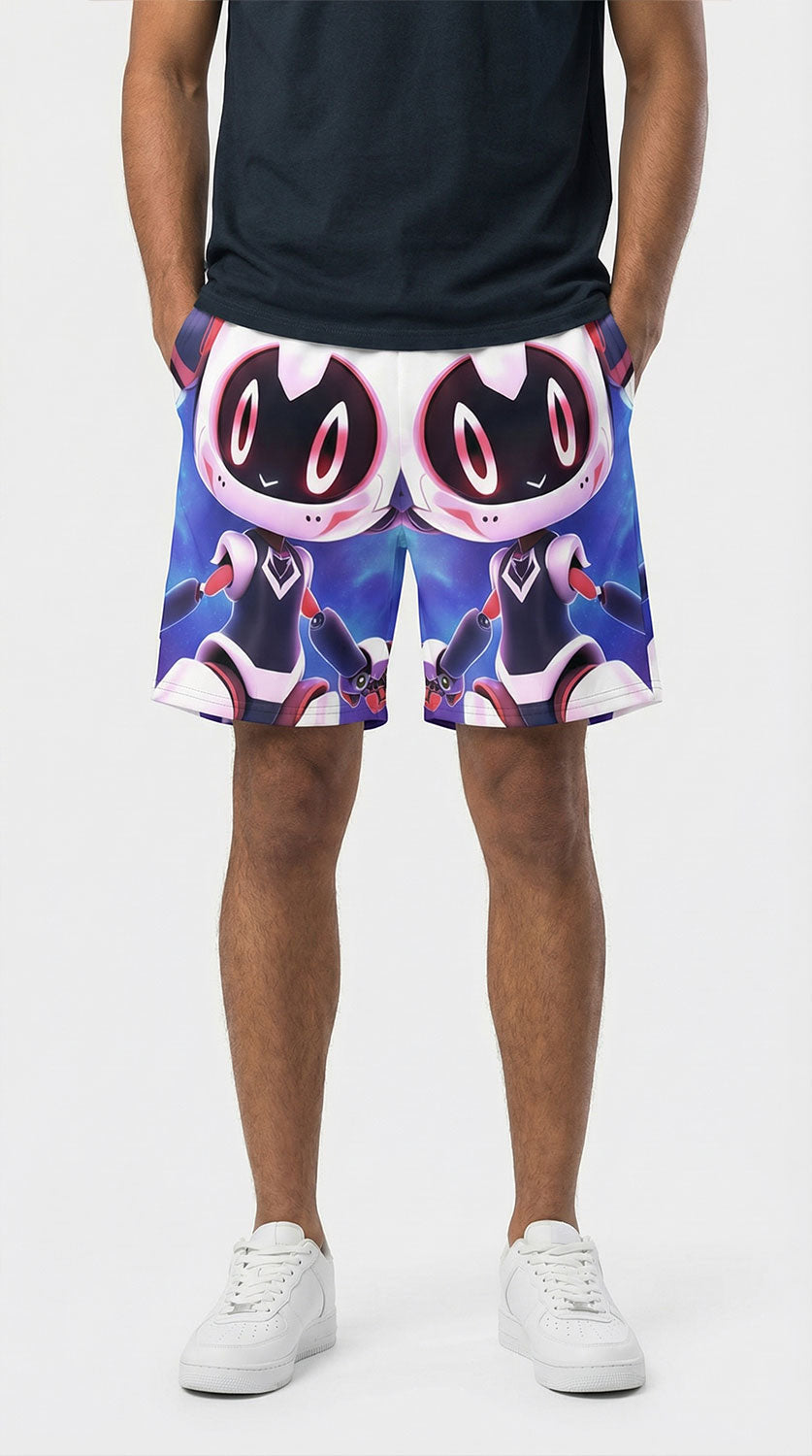 Yūjin Clothing Cyber Friend swim trunks, short style with vibrant graphic design, suitable for beach or poolside wear.