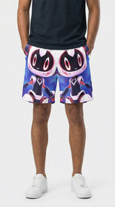 Yūjin Clothing Cyber Friend swim trunks, short style with vibrant graphic design, suitable for beach or poolside wear.