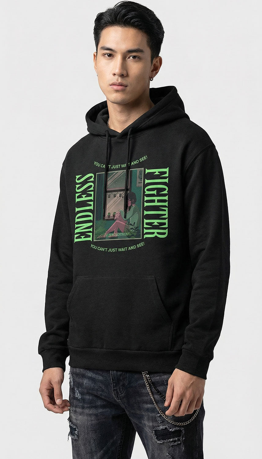 Yūjin Clothing Endless Fighter hoodie featuring a comfortable fit, stylish design, and soft fabric in black with graphic print.