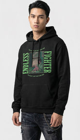Yūjin Clothing Endless Fighter hoodie featuring a comfortable fit, stylish design, and soft fabric in black with graphic print.