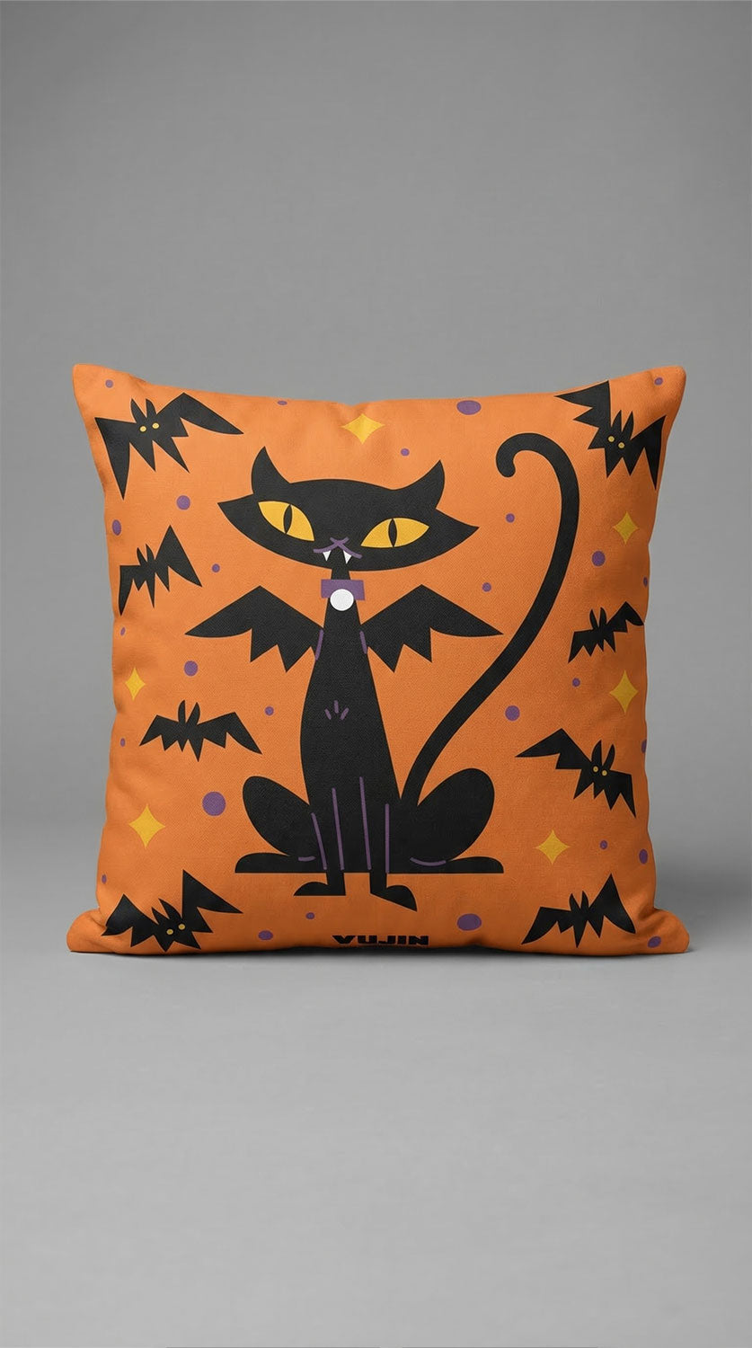 Halloween Cat Pillow by Yūjin Clothing featuring a cozy, decorative pillow with a playful black cat design for Halloween decor.