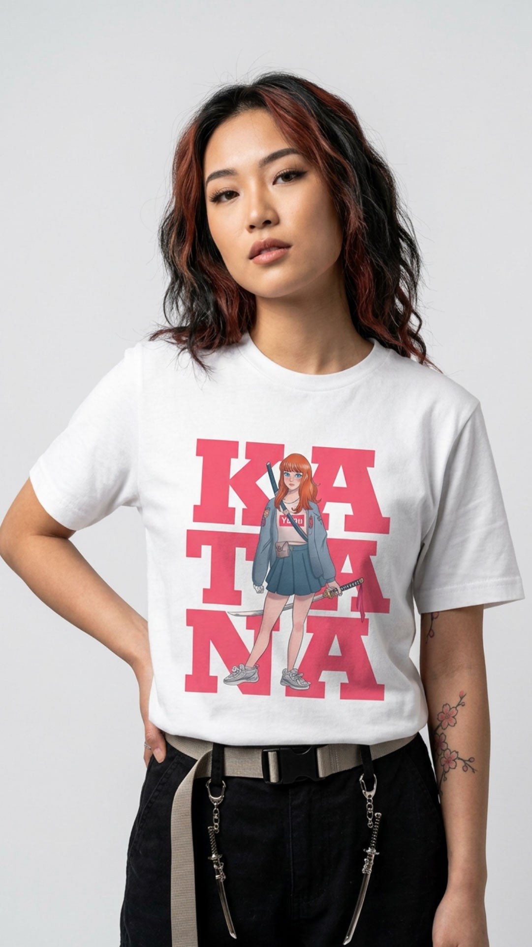 Yūjin Clothing Katana T-Shirt featuring a detailed katana sword graphic on a casual cotton t-shirt for men and women.