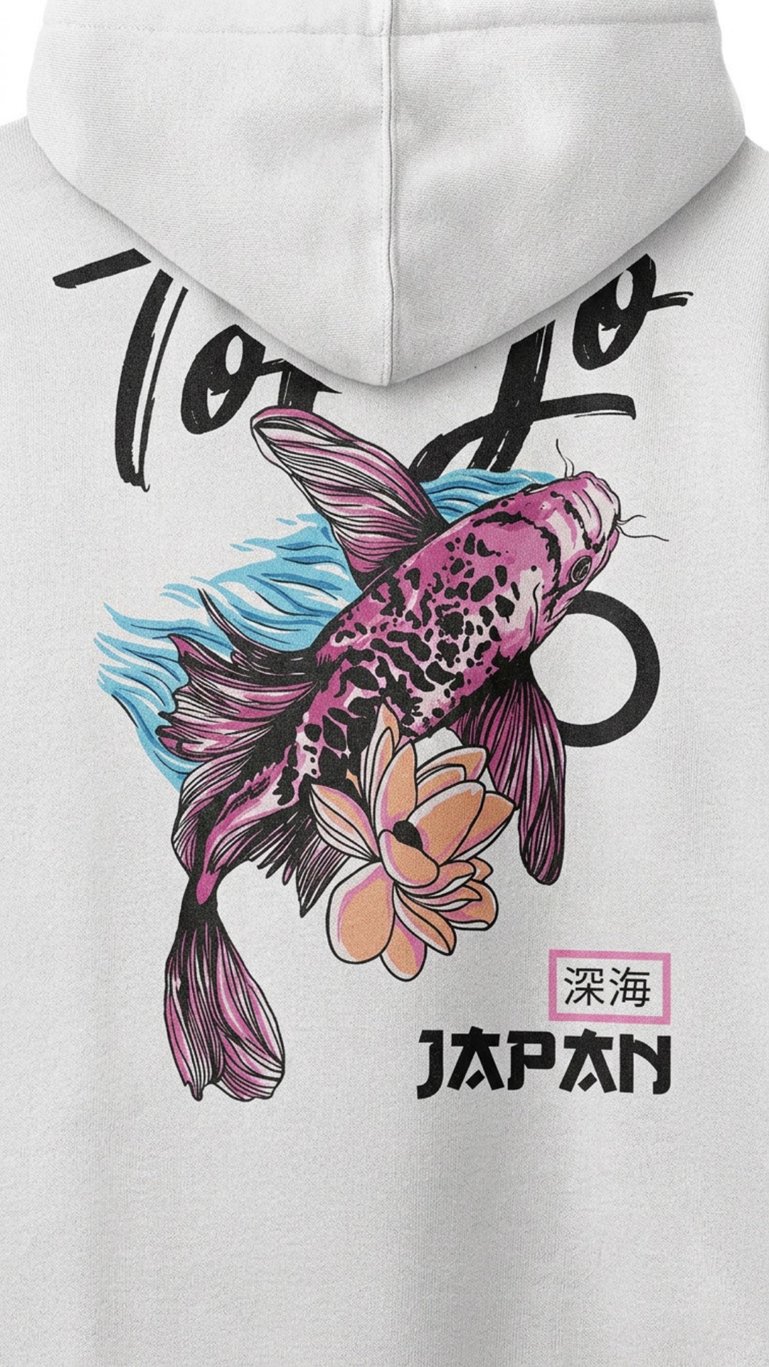 Yūjin Clothing koi fish hoodie featuring a vibrant koi fish graphic on soft fabric, casual streetwear style.