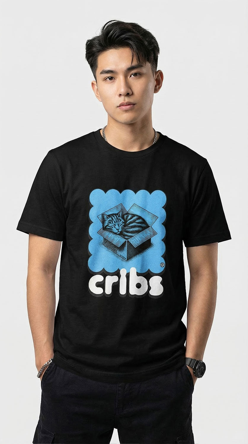 Yūjin Clothing Cribs Cat T-Shirt with a fun cat graphic on a soft cotton casual tee, perfect for cat lovers and everyday wear.