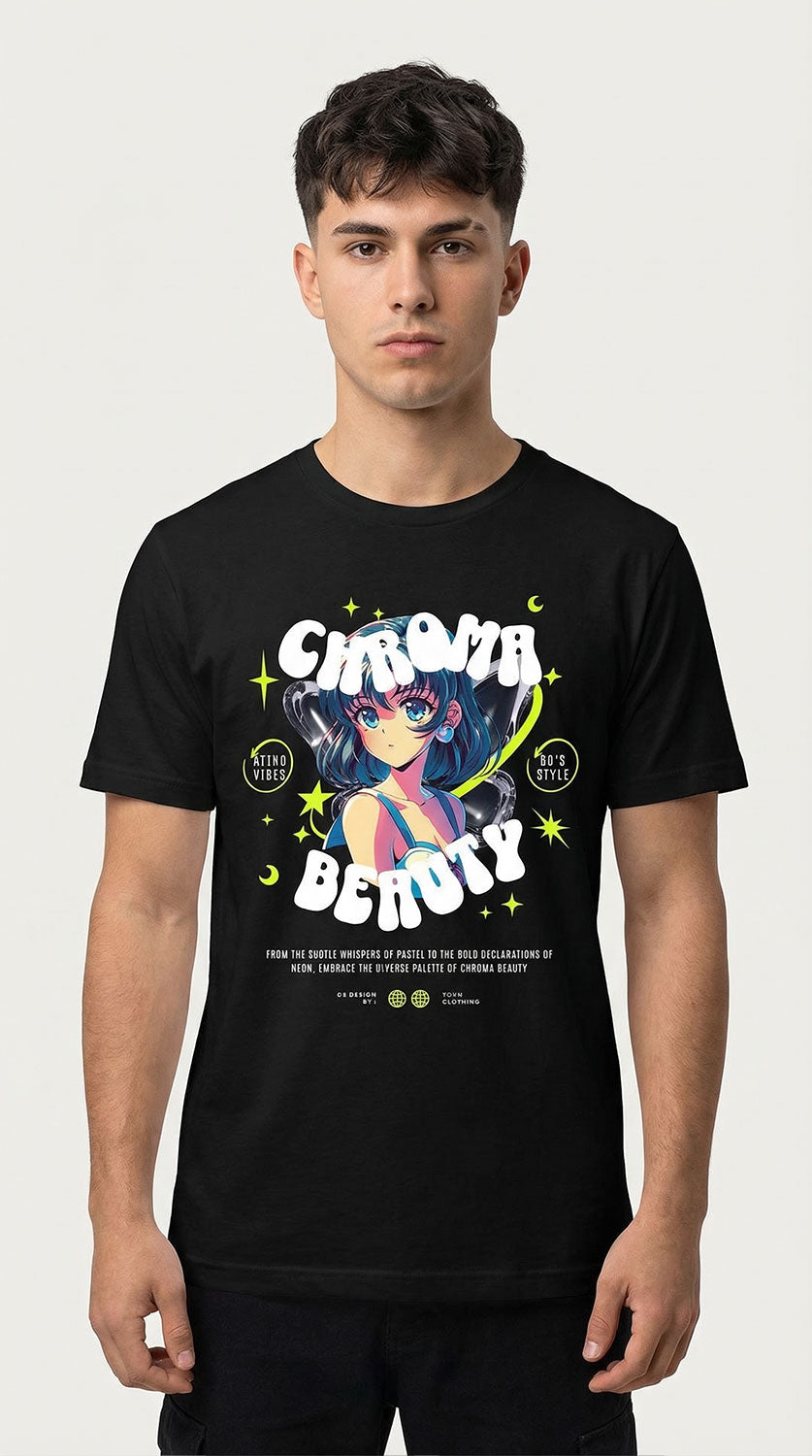 Yūjin Clothing Chroma Beauty T-Shirt in vibrant colors, casual fit, made of soft fabric, displaying a stylish graphic design.