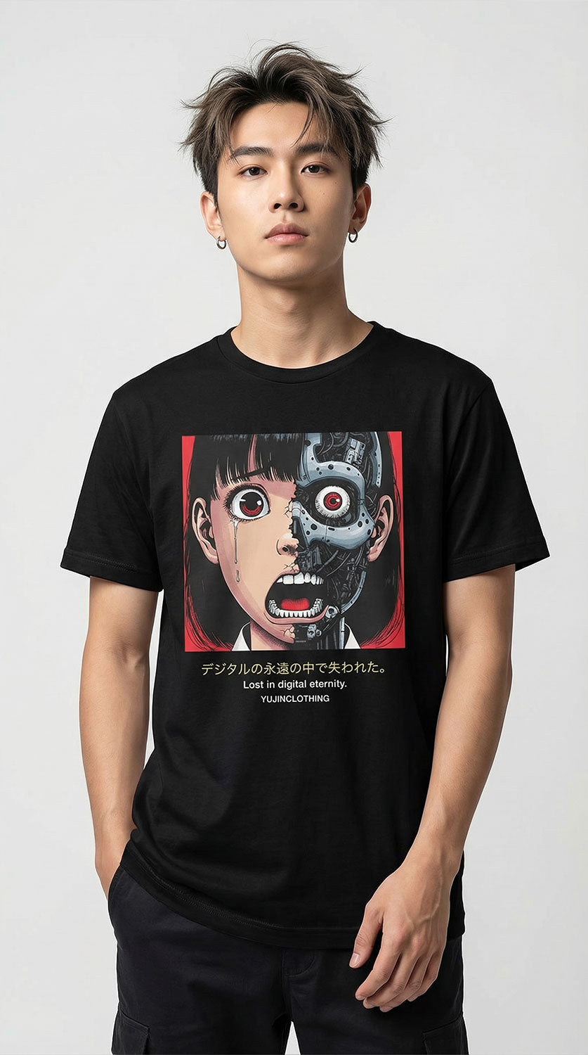 Cyborg Girl T-Shirt by Yūjin Clothing featuring a futuristic female character printed on a casual cotton T-shirt.
