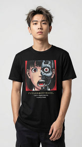 Cyborg Girl T-Shirt by Yūjin Clothing featuring a futuristic female character printed on a casual cotton T-shirt.