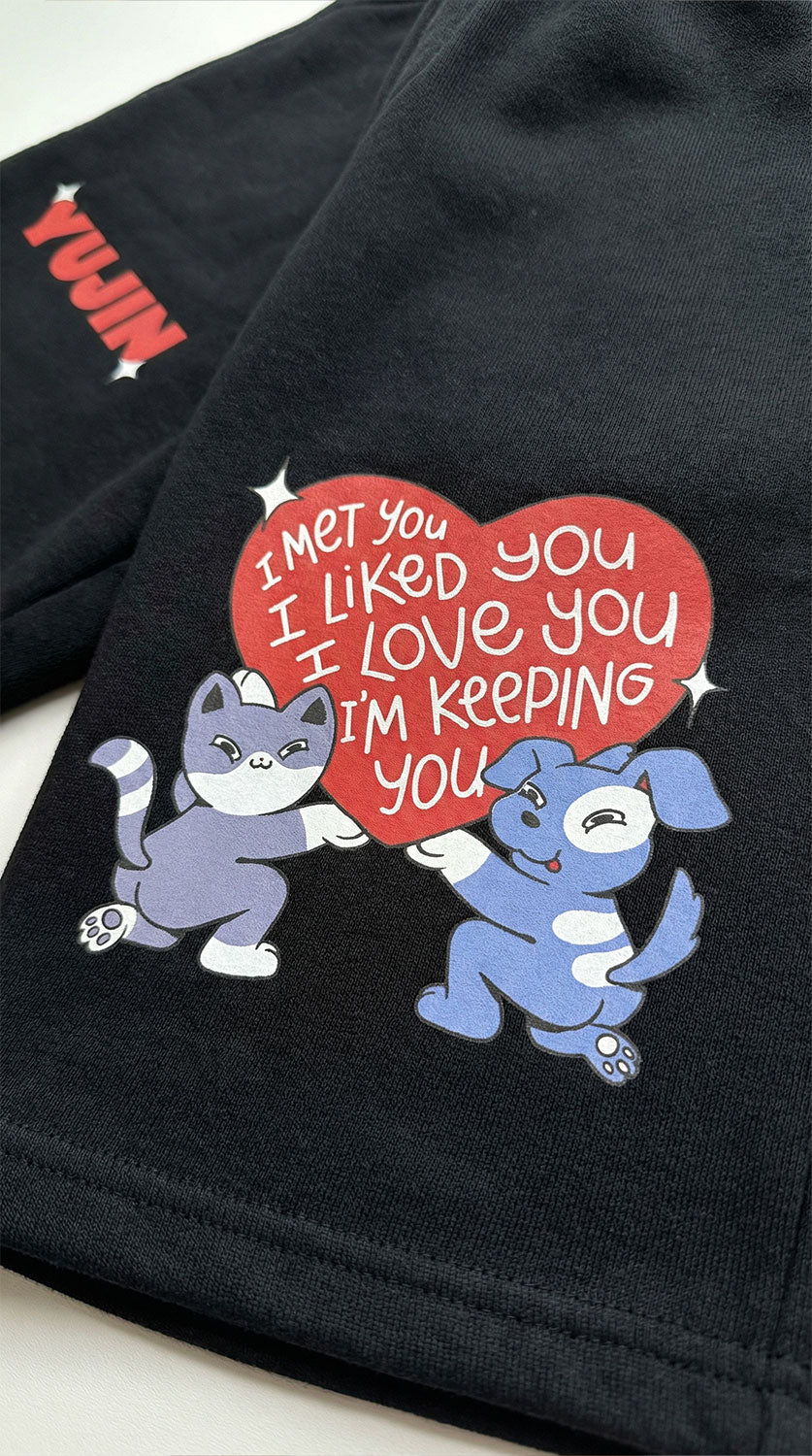 Yūjin Clothing I Love You Shorts featuring casual denim fabric, front pockets, and a relaxed fit for comfortable everyday wear.