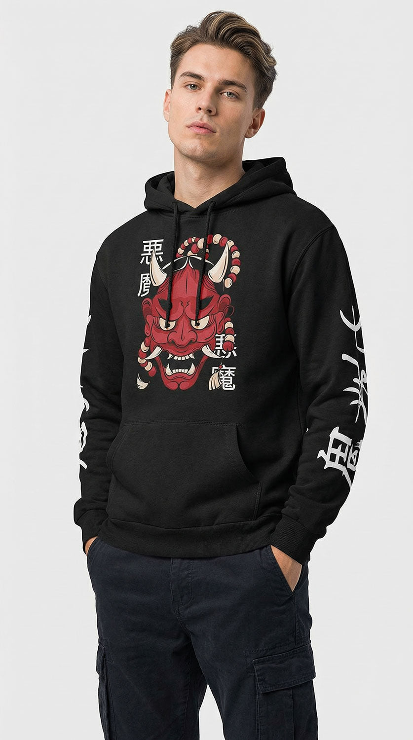 Yūjin Clothing Hannya Demon Mask hoodie featuring a detailed, vibrant demon mask design on a comfortable black hoodie.