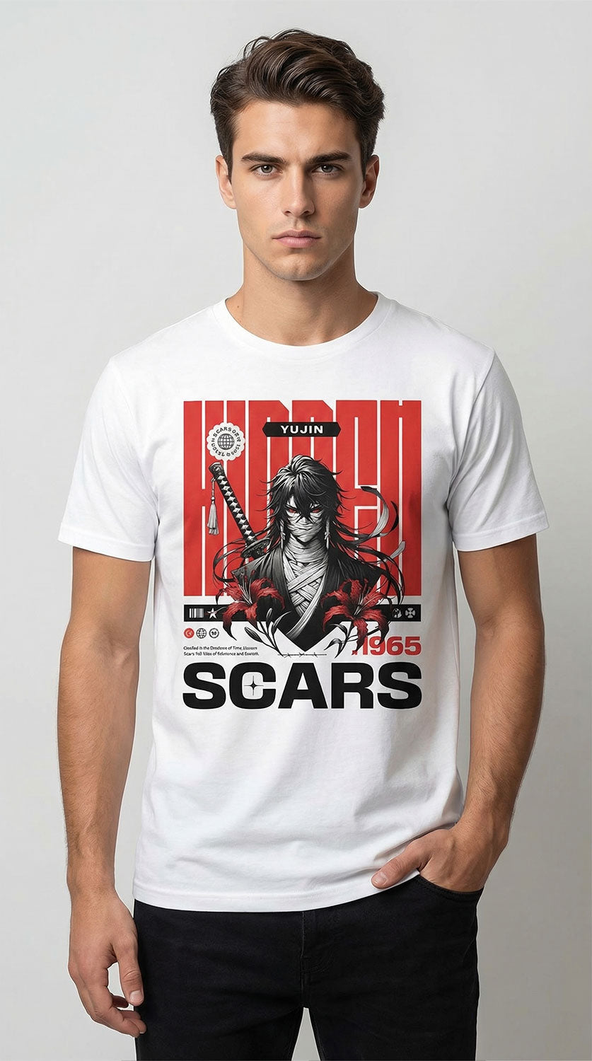 Yūjin Clothing Hidden Scars T-Shirt featuring a stylish design, soft fabric, and comfortable fit, perfect for casual wear.