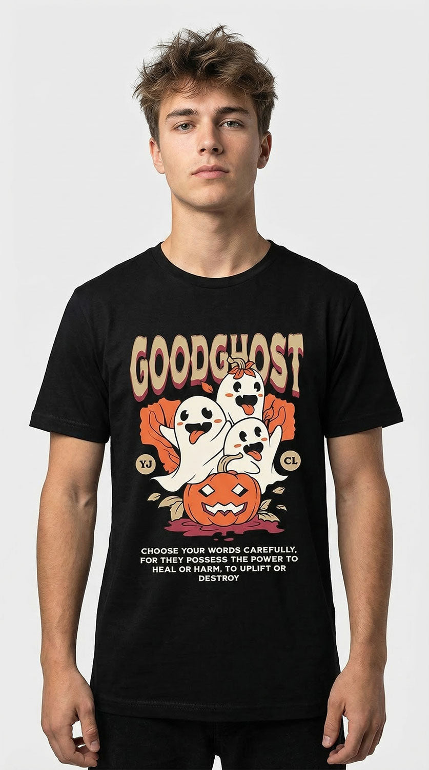 Yūjin Clothing Goodghost Halloween T-Shirt featuring a spooky ghost design on black cotton fabric.