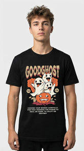 Yūjin Clothing Goodghost Halloween T-Shirt featuring a spooky ghost design on black cotton fabric.