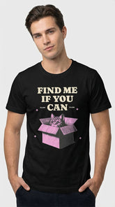 Find Me Cat T-Shirt by Yūjin Clothing featuring a playful cat graphic on a comfortable cotton T-shirt.