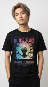 Yūjin Clothing Collapse Creation Cat T-Shirt featuring a graphic of a playful cat design on a casual t-shirt.