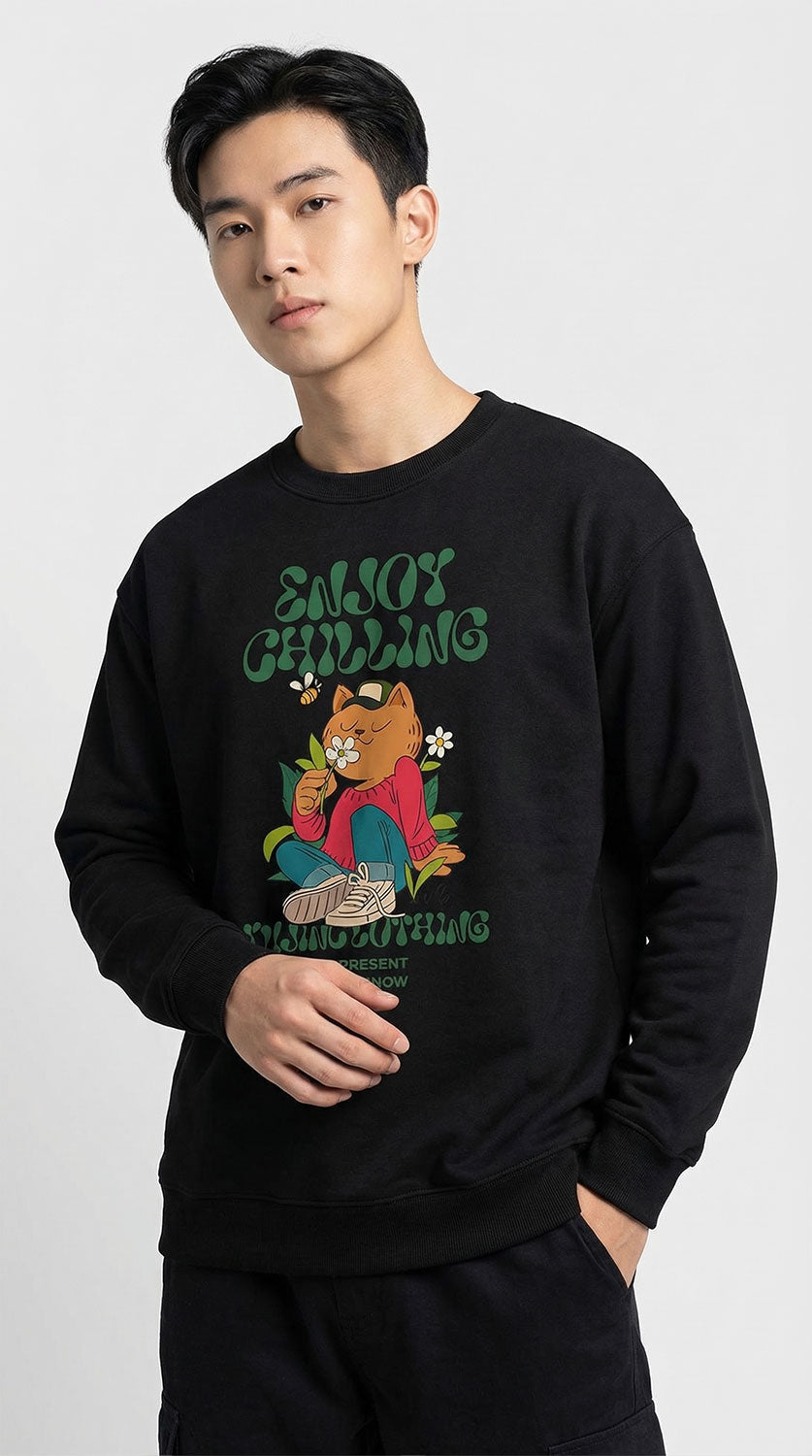 Enjoy Chilling Cat sweatshirt from Yūjin Clothing featuring a cozy, stylish cat print on a comfortable sweatshirt.