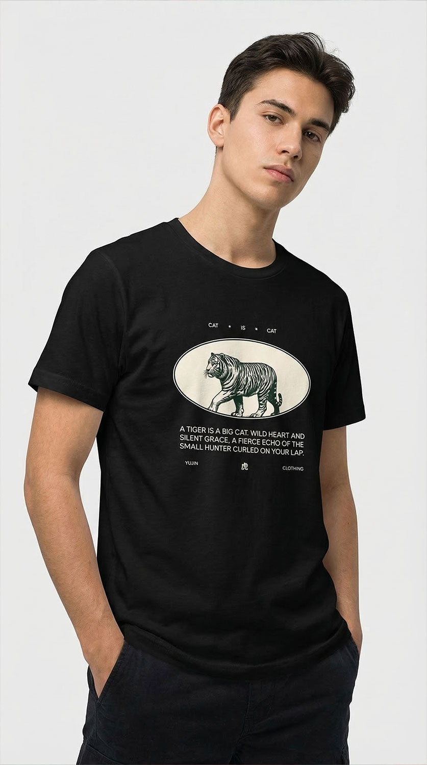 Gray Cat Is Cat T-Shirt by Yūjin Clothing featuring a playful cat graphic on soft cotton fabric.