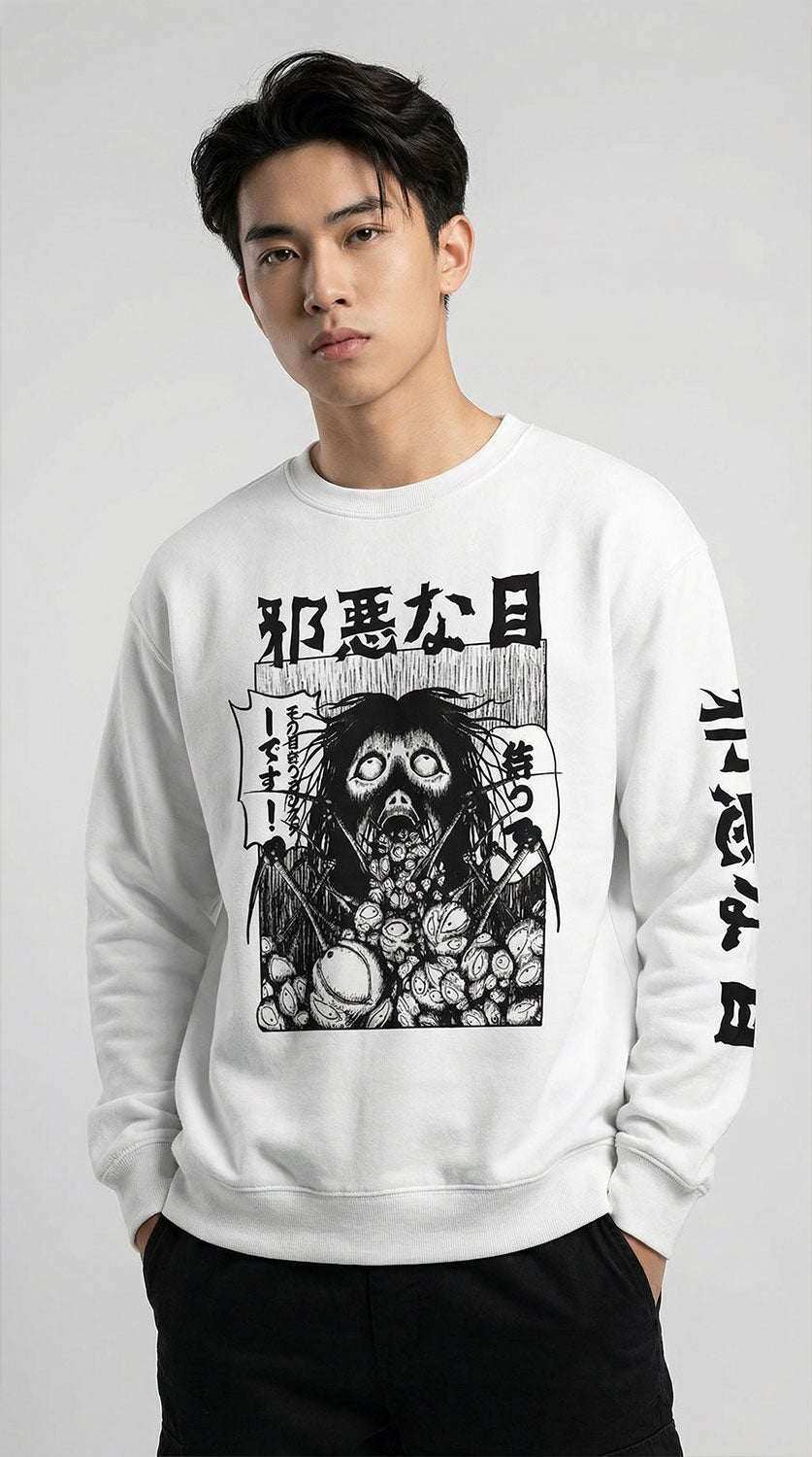 Yūjin Clothing Evil Eyes sweatshirt with a striking evil eye graphic, made from soft fabric for comfortable casual wear.