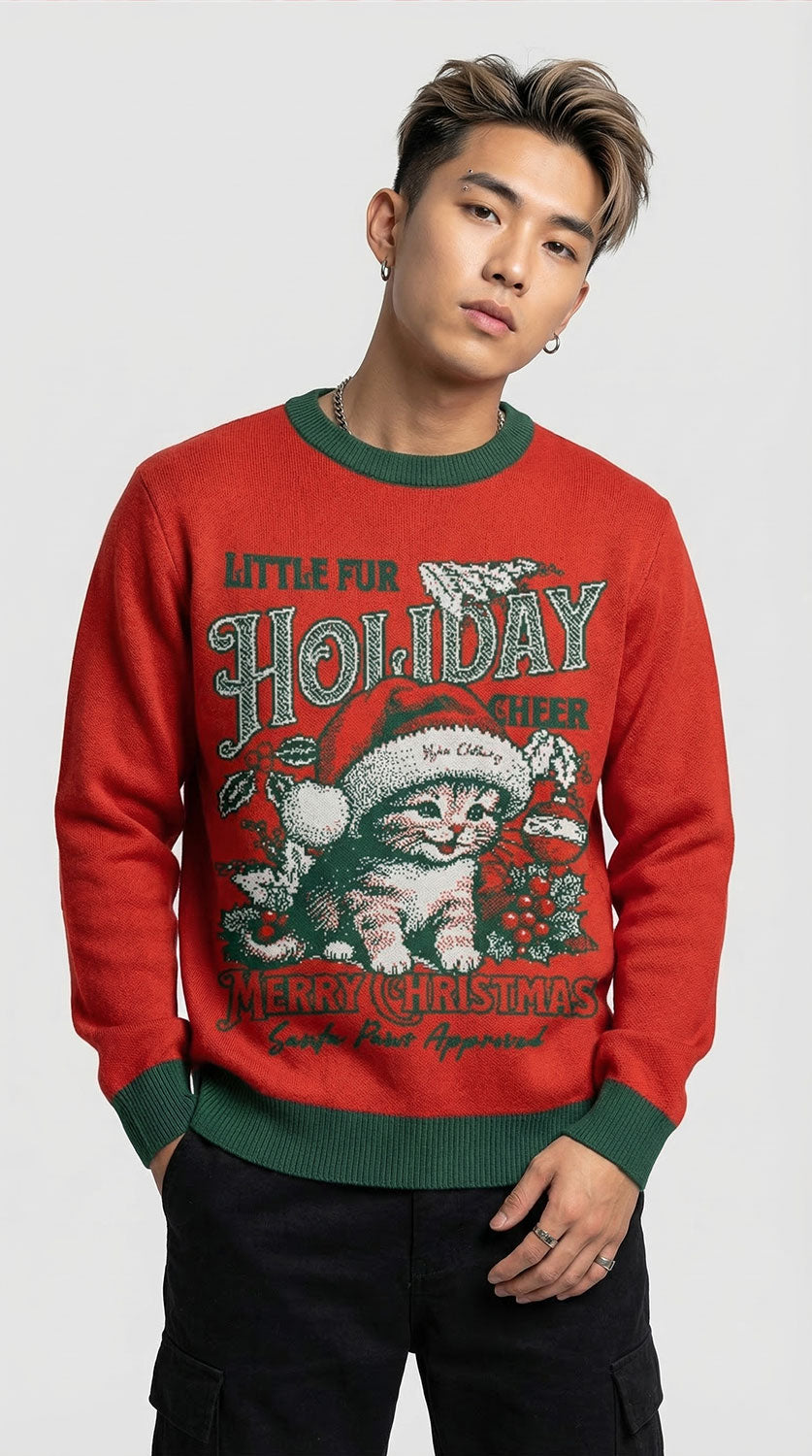 Yūjin Clothing Holiday Cheer cat sweatshirt featuring festive design, cozy fabric, and a comfortable fit for holiday celebrations.