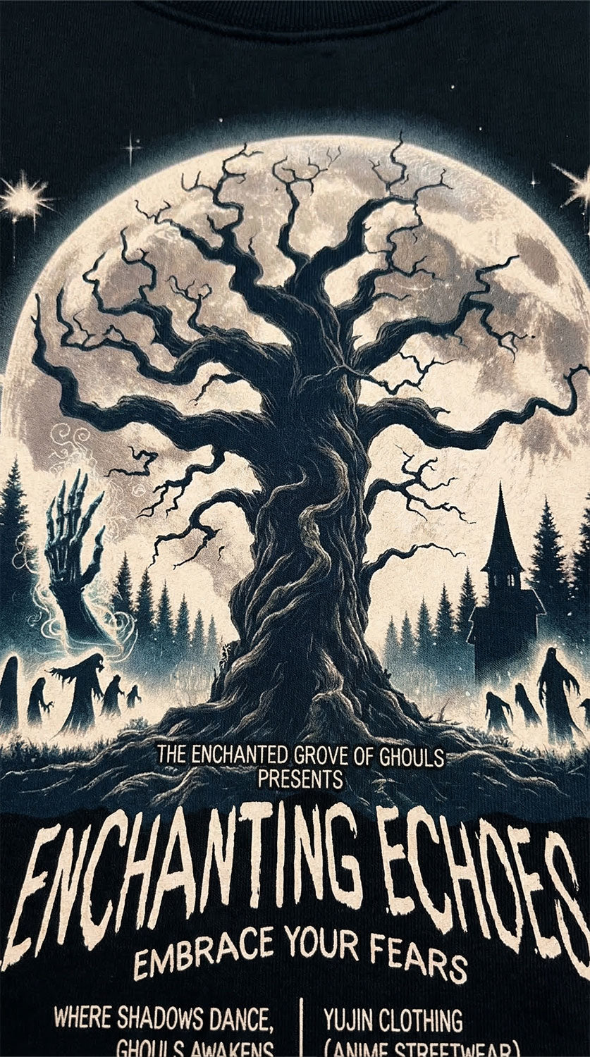 Yūjin Clothing Enchanting Echoes Halloween sweatshirt featuring spooky graphic design and comfortable fit in a casual style.