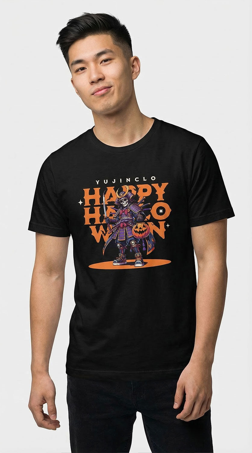 Samurai Halloween T-Shirt by Yūjin Clothing featuring a detailed samurai design on a black cotton T-shirt.