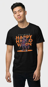 Samurai Halloween T-Shirt by Yūjin Clothing featuring a detailed samurai design on a black cotton T-shirt.