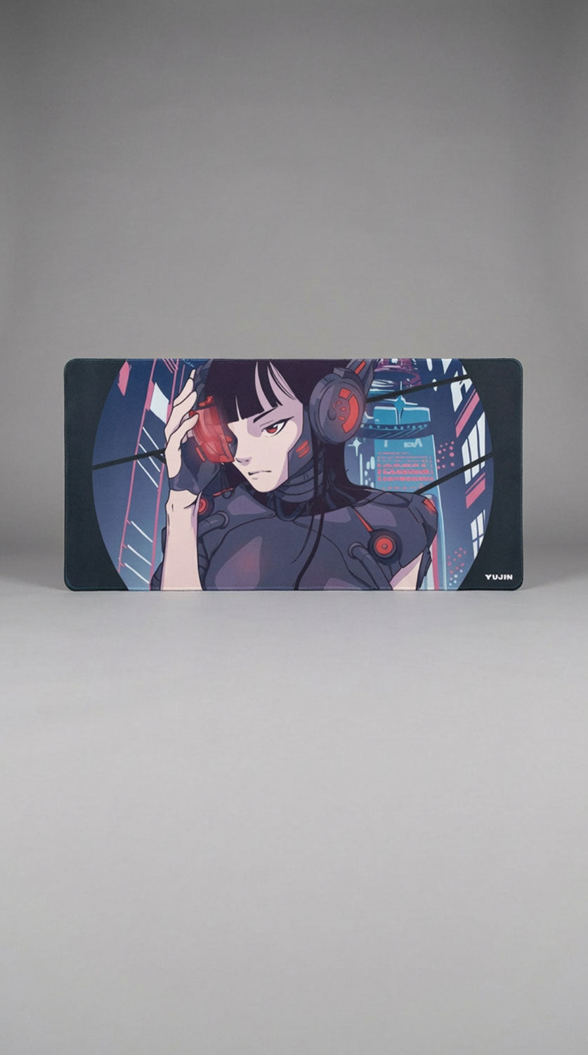 Cyberpunk Girl gaming mouse pad by Yūjin Clothing featuring vibrant cyberpunk art and a smooth surface for gaming.