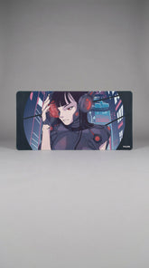 Cyberpunk Girl gaming mouse pad by Yūjin Clothing featuring vibrant cyberpunk art and a smooth surface for gaming.