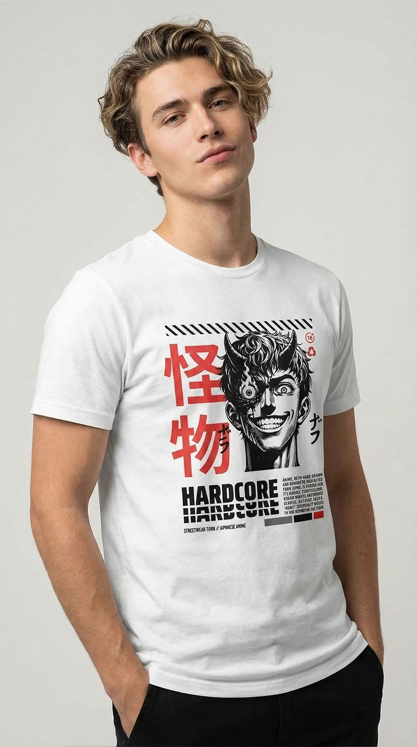 Black Hardcore Anime T-Shirt by Yūjin Clothing featuring bold anime-inspired graphic design on soft cotton fabric.