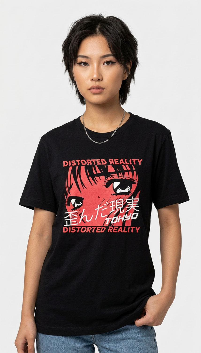 Yūjin Clothing Distorted Reality T-Shirt featuring abstract, artistic design in soft fabric, casual fit, ideal for streetwear.