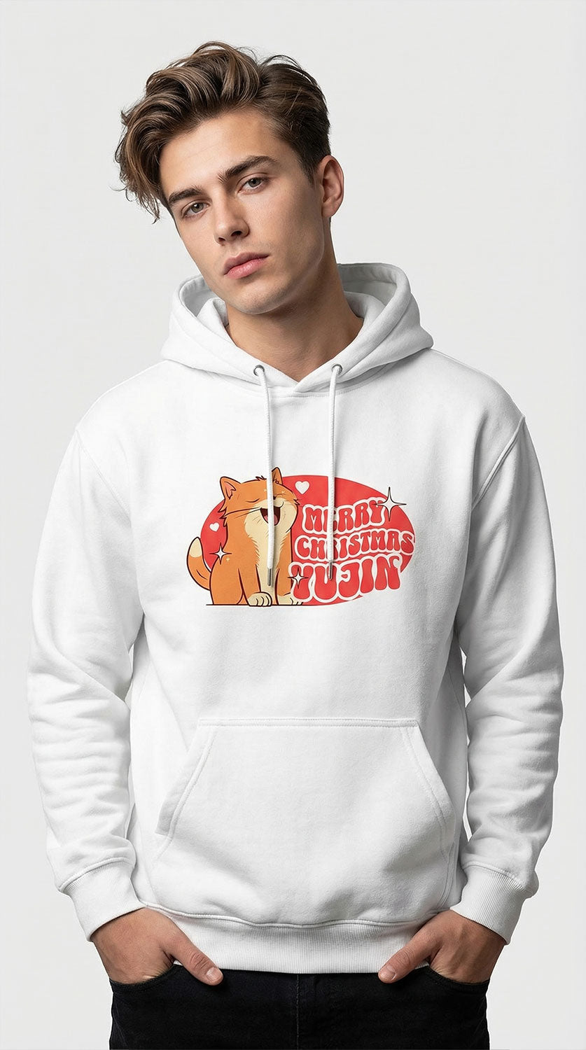 Yūjin Clothing Merry Christmas cat hoodie featuring festive holiday design and cozy fabric, perfect for winter wear.