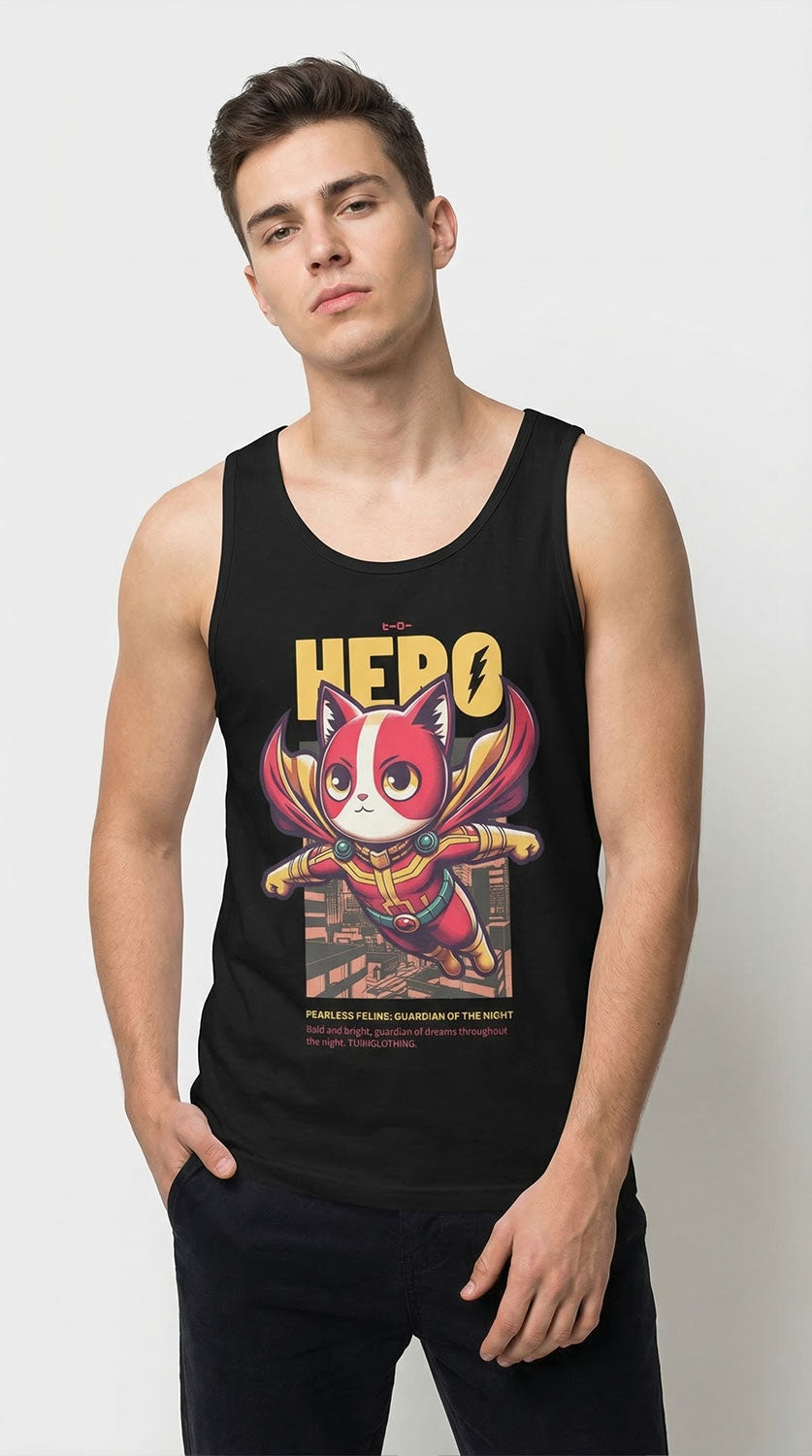 Yūjin Clothing hero cat tank top featuring a stylish cat graphic on a comfortable sleeveless shirt for casual wear.