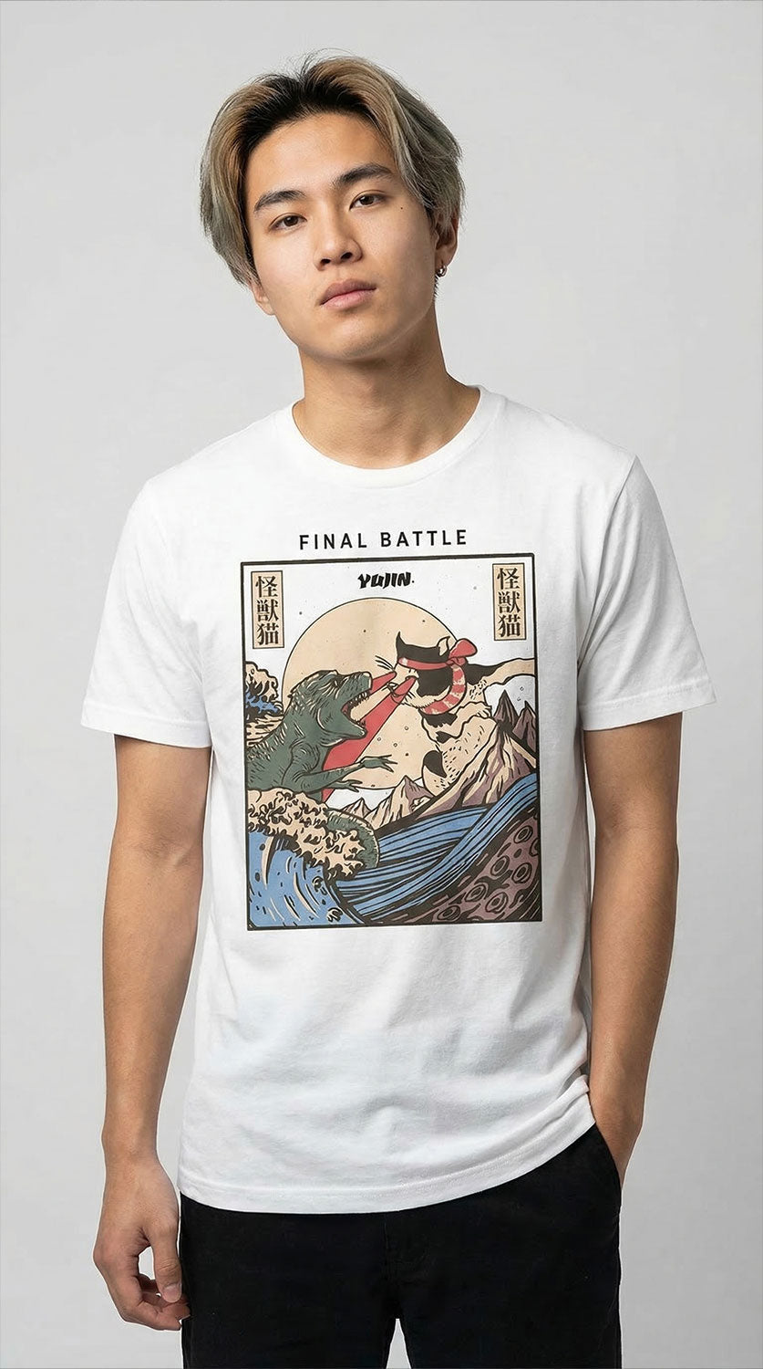 Yūjin Clothing Cat Final Battle T-Shirt featuring a detailed graphic of a fierce cat in a battle scene on a comfortable cotton tee.