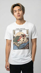 Yūjin Clothing Cat Final Battle T-Shirt featuring a detailed graphic of a fierce cat in a battle scene on a comfortable cotton tee.