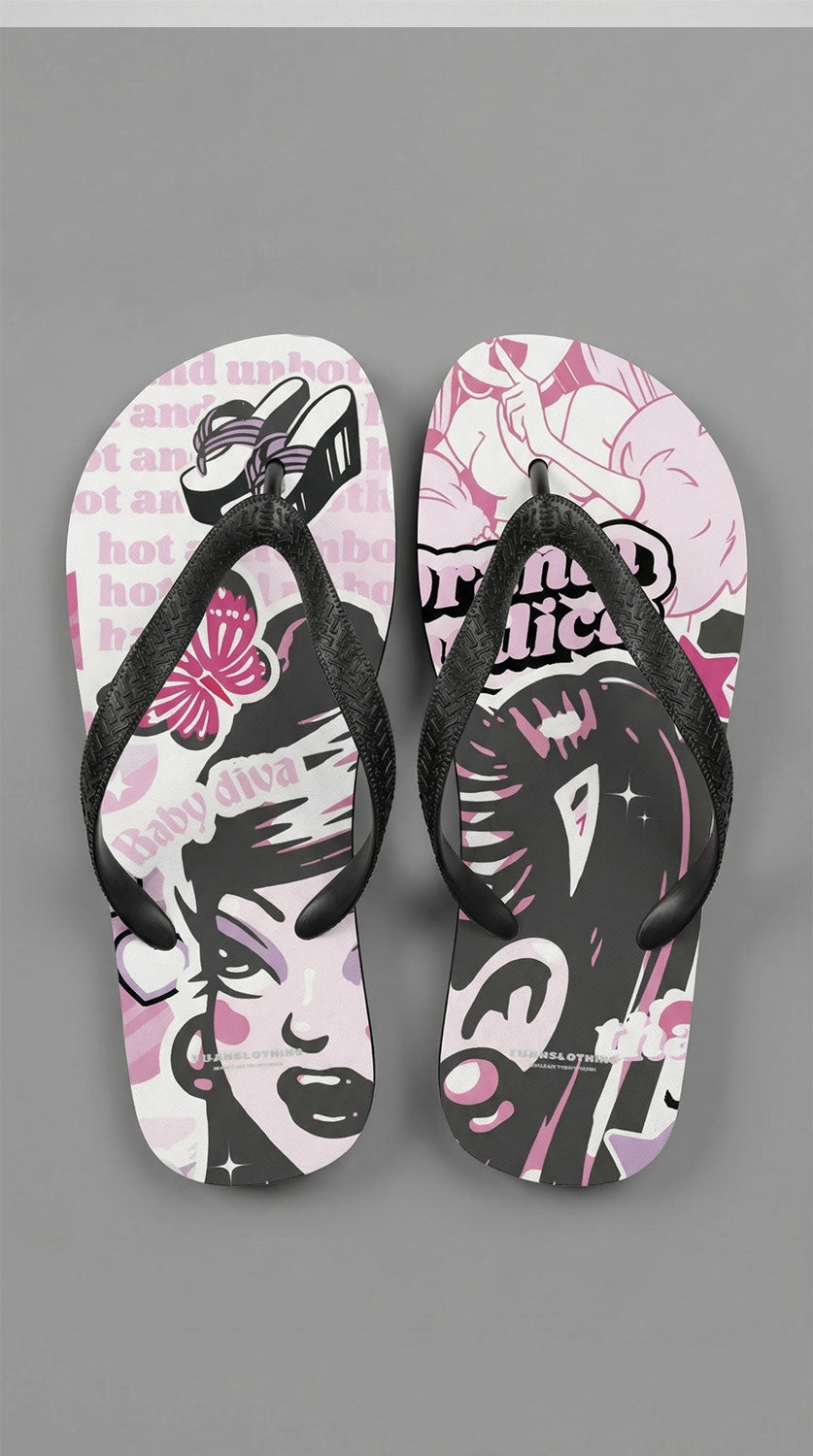 Yūjin Clothing Drama Addict flip-flops with colorful straps and cushioned soles, perfect for casual summer wear.