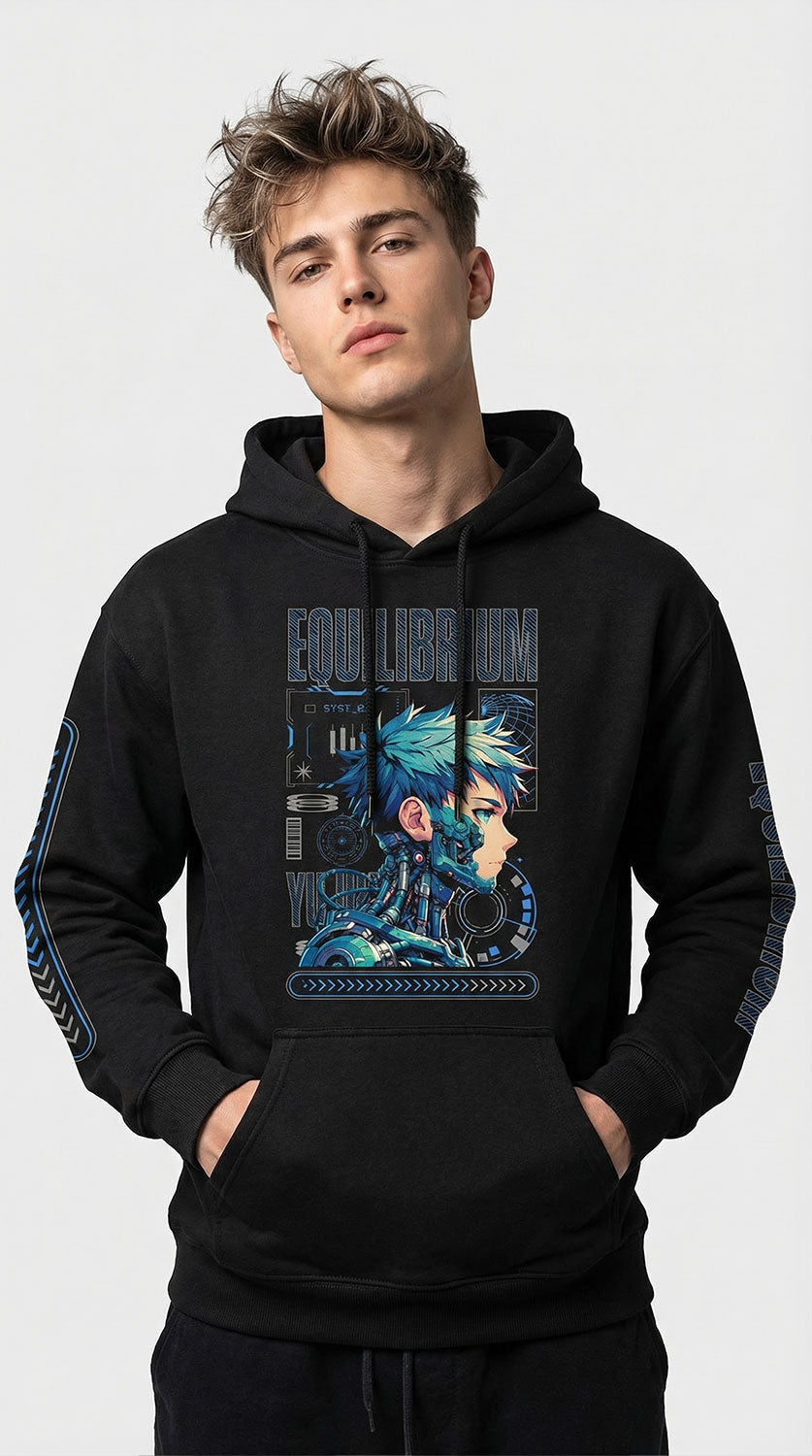Yūjin Clothing Equilibrium Cyborg Hoodie featuring a futuristic design, soft fabric, and comfortable fit for casual wear.