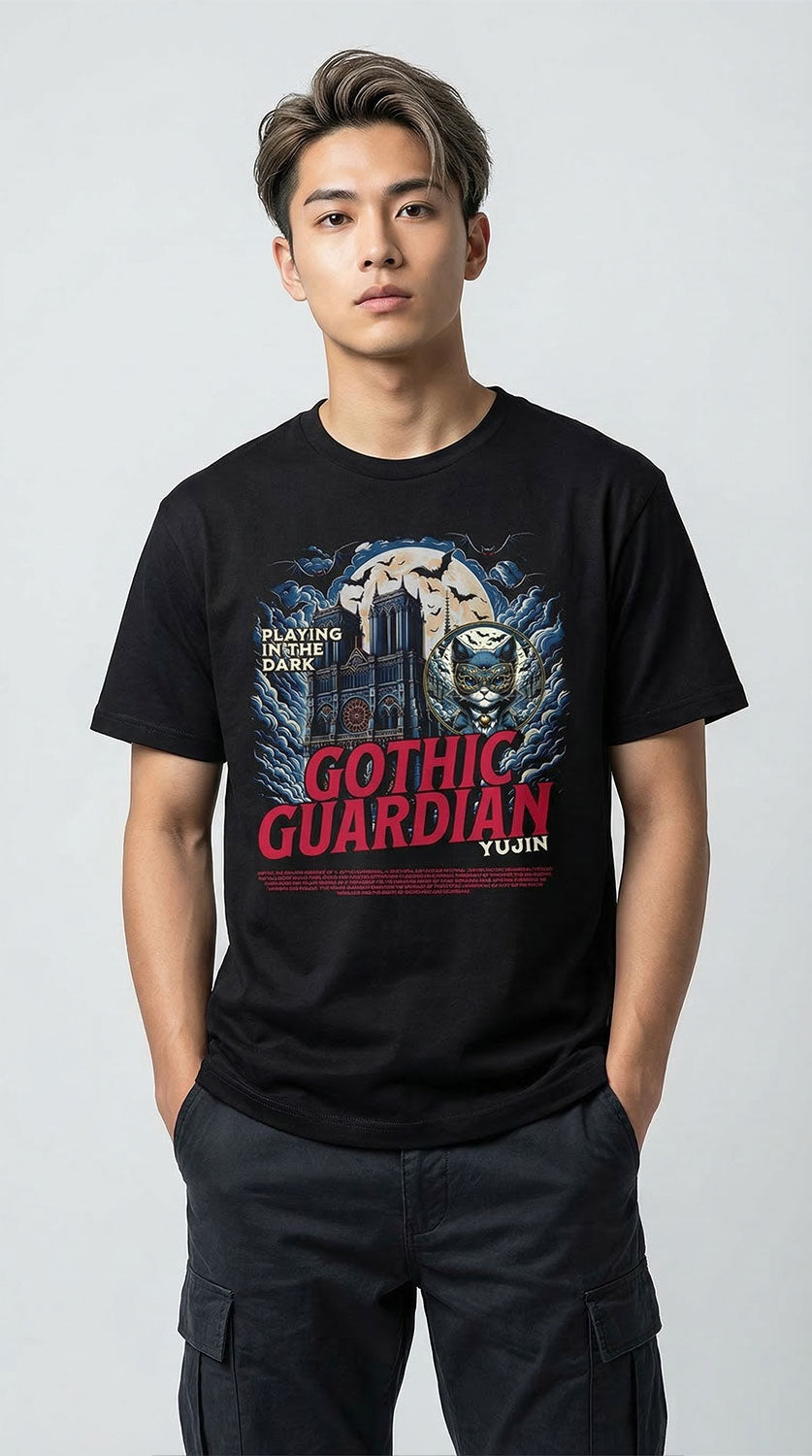 Black Gothic Guardian Cat T-Shirt by Yūjin Clothing featuring a detailed cat design with gothic-inspired artwork.