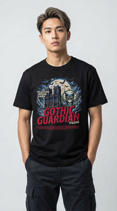 Black Gothic Guardian Cat T-Shirt by Yūjin Clothing featuring a detailed cat design with gothic-inspired artwork.