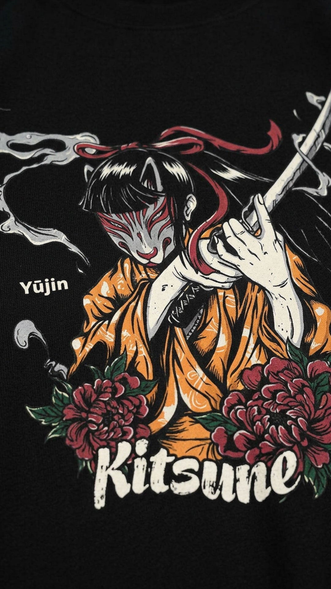 Yūjin Clothing Kitsune sweatshirt featuring a fox graphic design in soft fabric, ideal for casual wear and comfortable style.