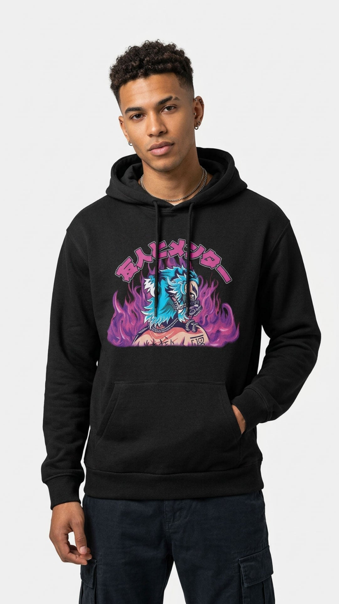 Yūjin Clothing Flames Hoodie featuring a vibrant flame graphic on a comfortable hoodie fabric.