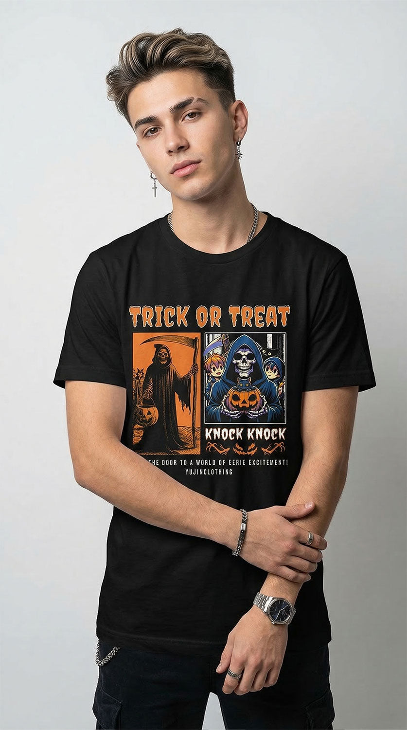 Yūjin Clothing Knock Knock Halloween T-Shirt featuring spooky Halloween-themed graphic on comfortable black fabric.