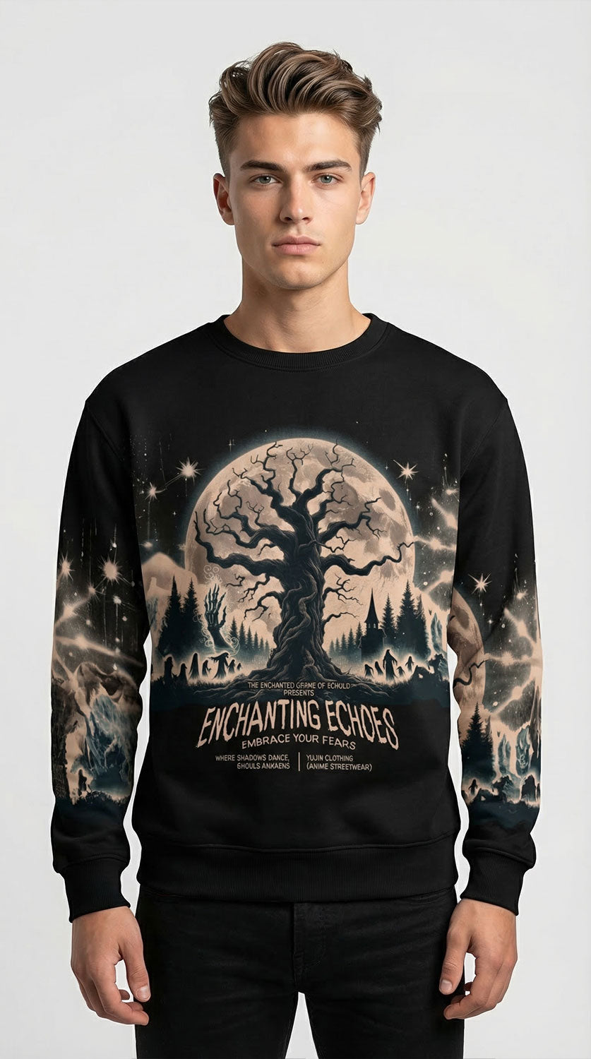 Yūjin Clothing Enchanting Echoes Halloween sweatshirt featuring spooky graphic design and comfortable fabric, suitable for Halloween wear