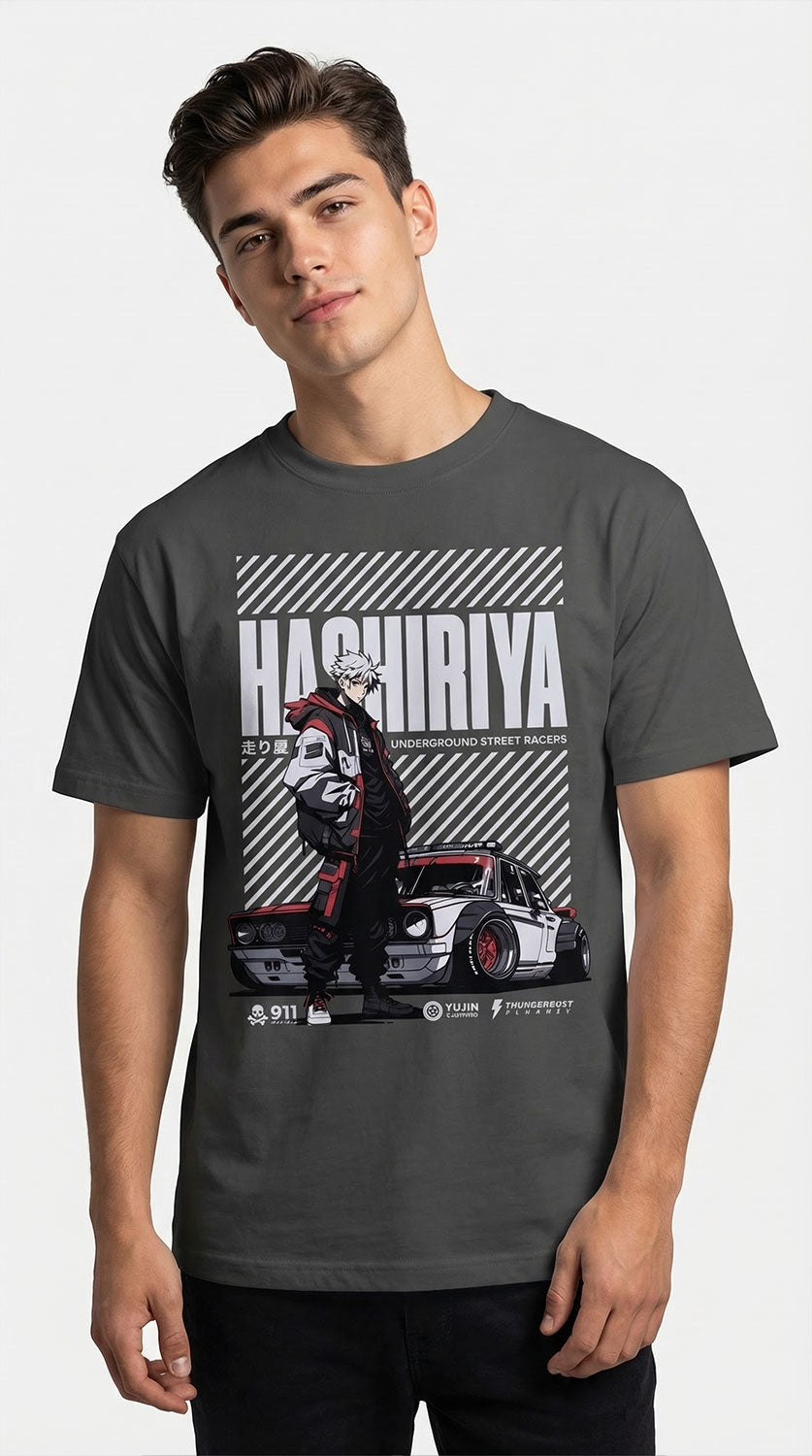 Yūjin Clothing Hashiriya oversized faded car T-shirt with vintage automotive graphic on soft, comfortable fabric.
