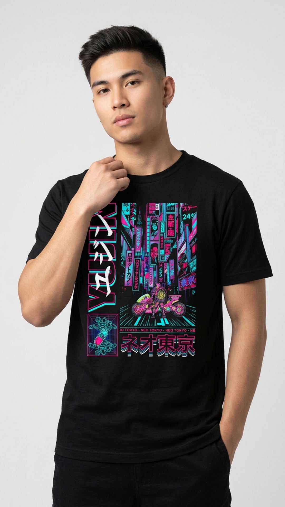 Yūjin Clothing Neo Tokyo T-Shirt featuring vibrant urban graphic design, casual fit, and soft cotton fabric.