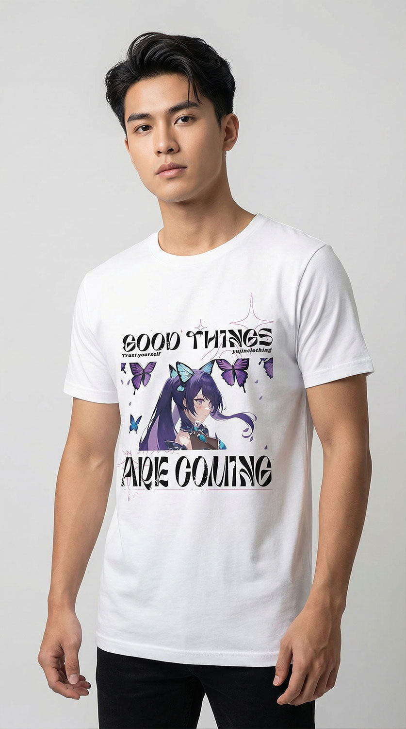 Yūjin Clothing Good Things Are Coming T-Shirt featuring a casual fit with positive message and comfortable fabric.