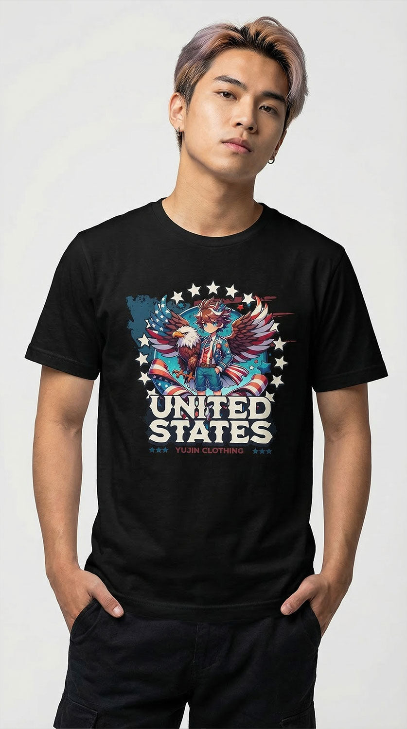 Yellow July 4th eagle and boy graphic T-shirt by Yūjin Clothing featuring patriotic design on soft cotton fabric.
