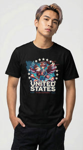Yellow July 4th eagle and boy graphic T-shirt by Yūjin Clothing featuring patriotic design on soft cotton fabric.