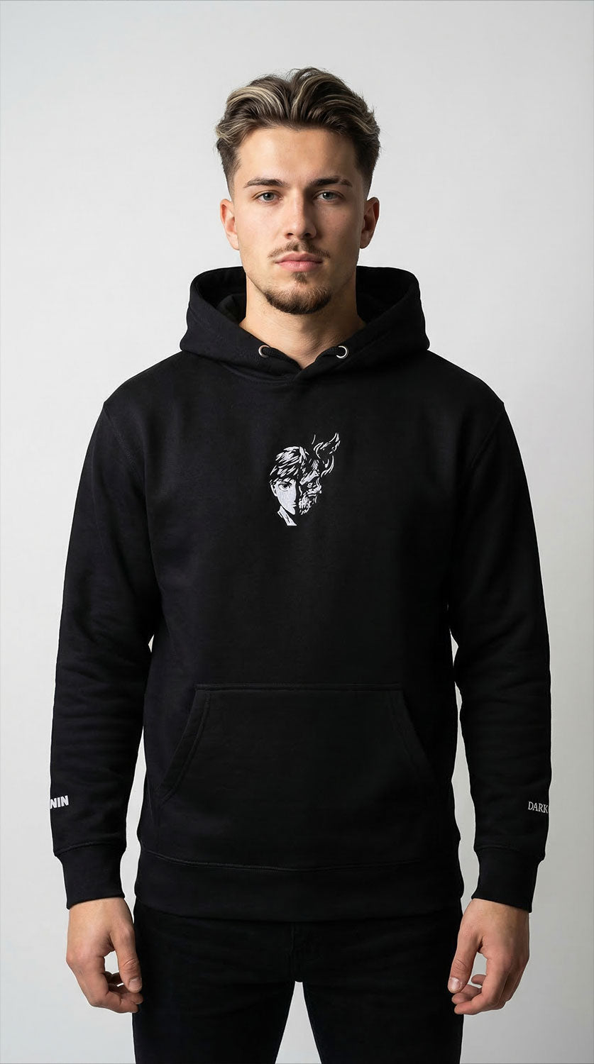 Yūjin Clothing Dark Side hoodie featuring a black fabric with a graphic design and adjustable drawstrings.