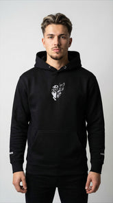 Yūjin Clothing Dark Side hoodie featuring a black fabric with a graphic design and adjustable drawstrings.